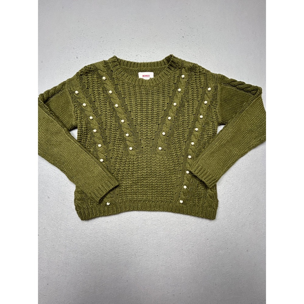 Bongo Sweater 100% Acrylic Olive Green Faux Pearl Size Small Womens